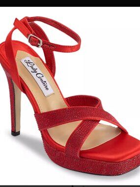 Lady Couture Rhinestone Platform Heeled Sandals – Red Satin – Size 10 (BNWT)